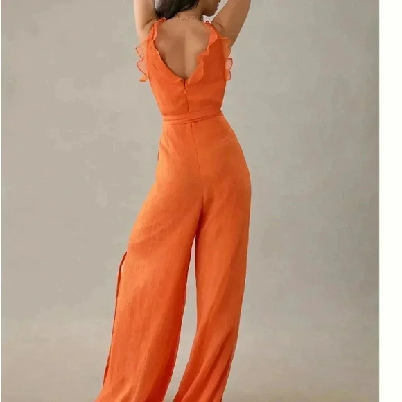 NWT Anthropologie Hutch Ruffle Trim Metallic Orange Tie Wrap Jumpsuit Size 6 - Picture 3 of 6
